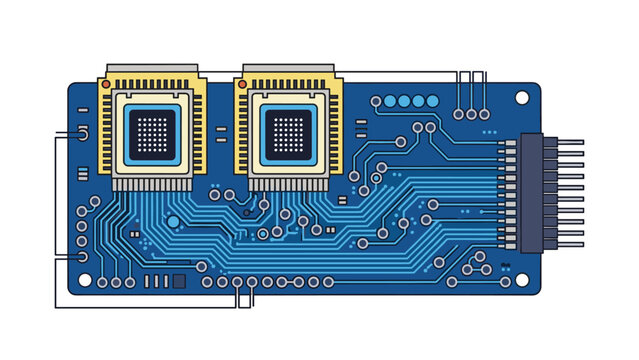 Detailed technical illustration of a blue electronic circuit board features two central processing units and many soldered paths.