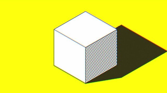 Large white cube featuring detailed halftone dot patterns and chromatic aberration accents against a solid yellow background in a bold graphic style