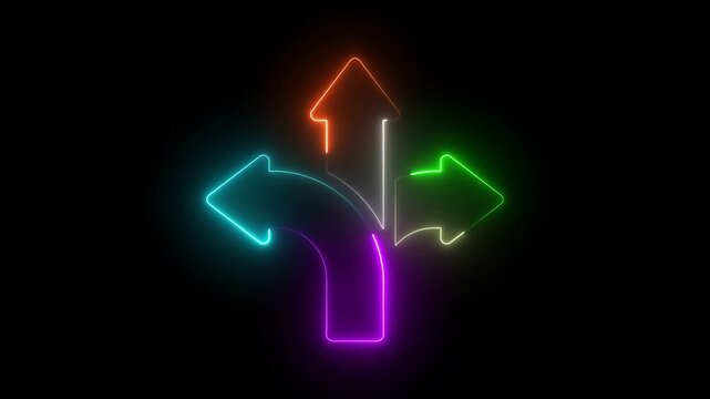 Neon directional arrows indicating multiple choices and decisions on black background