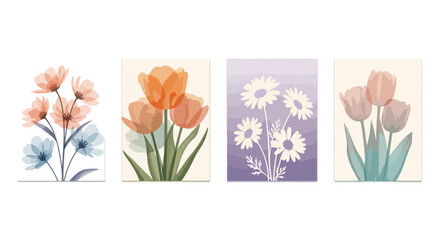 Set of 4 watercolor style floral vector illustrations featuring delicate pastel flowers like tulips and daisies, perfect for spring and summer designs, wall art, or greeting cards. © 爱心binragh