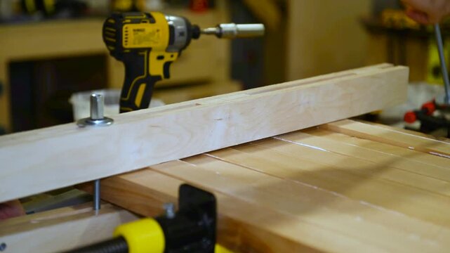 Set of clamps tools instruments for compressing and gluing wooden beams on work table in carpentry workshop, small business woodshop creating handmade items and furniture for home and living.