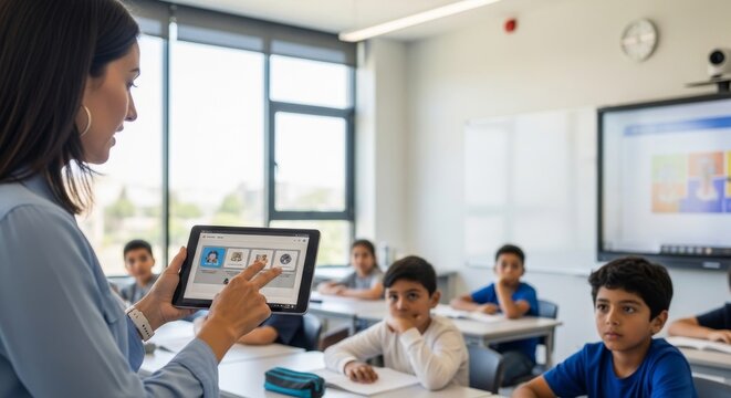 Teacher uses tablet to teach students in modern classroom