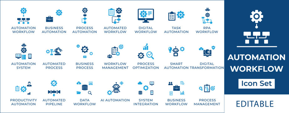 Automation workflow icon set featuring RPA, business process automation, digital workflow, task automation, smart systems, and robotic process optimization symbols.