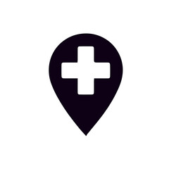 Obraz premium Solid Medical Location Pin Map Pointer Icon Featuring a Healthcare Cross for Locating Hospitals Clinics Pharmacies and Emergency Medical Services in Navigation Apps