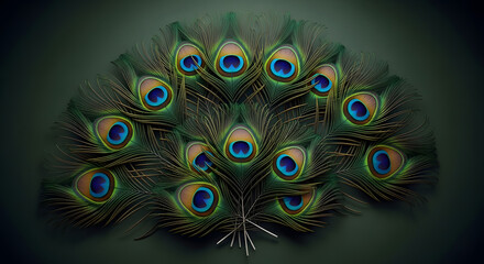 Obraz premium Elegant fan of vibrant peacock feathers with iridescent blue and green eyes on a dark moody background.