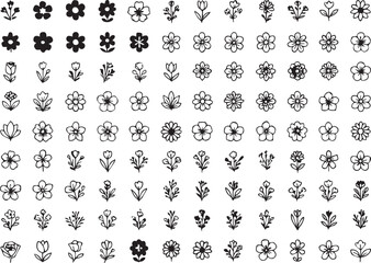 Fototapeta premium Comprehensive vector grid of minimalist outline flower icons and floral symbols featuring various blossoms for delicate nature-inspired graphic design.
