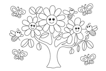 A simple line coloring page featuring a flower tree with butterflies and bees