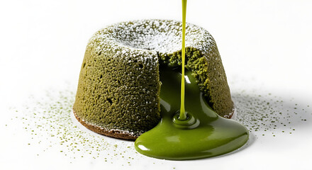 Exquisite matcha green tea lava cake dessert with a rich, flowing liquid center, elegantly dusted with powdered sugar, captured on a pristine white background. A gourmet sweet treat photography
