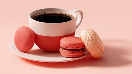 A coffee cup sits on a plate next to colorful pastries. Soft shadows enhance the clean layout in a simple setting.