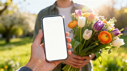 Smartphone Blank Screen Mockup with Spring Bouquet Background