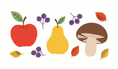 Cute colorful autumn harvest food vector set with apple pear berries and mushroom on white background © MdSirazul