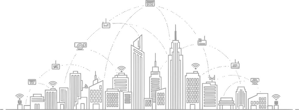 Black and white line art cityscape illustrates interconnected modern technology devices forming a conceptual smart city network