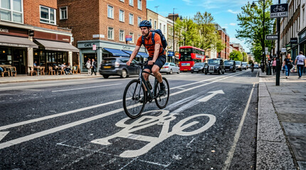 A cyclist glides smoothly along a clearly marked bike lane, enjoying the rhythm of the ride. The scene captures the calm confidence of sustainable urban mobility under open skies.