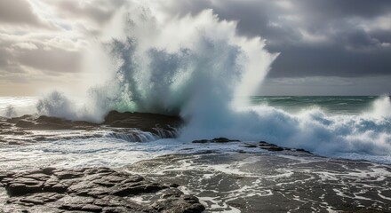 Fototapeta premium Dynamic Ocean Waves Crashing on Rocky Shore During Stormy Weather