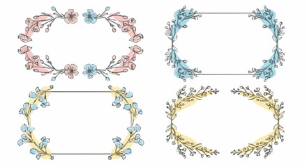 Set of hand-drawn floral frames with thin black outlines and pastel color splashes in pink, blue, and yellow.