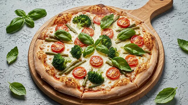Steaming vegetarian pizza with fresh vegetables on a wooden board
