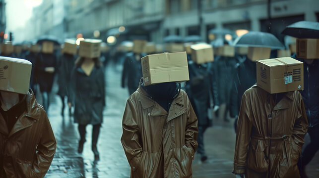 Cinematic surreal image of commuters walking through a rainy city street with cardboard boxes covering their heads, representing anonymity, conformity, and the loss of individuality.