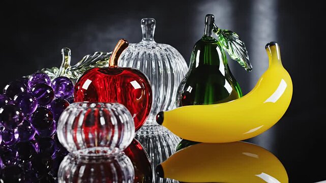 Still life of vibrant glass fruit arrangement on black surface