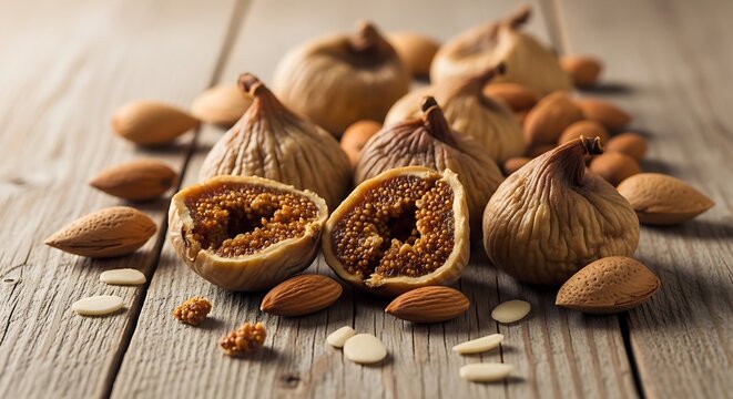 Closeup of dried figs with seeds visible, natural sweet snack, organic dried fruit, healthy nutrition and rustic food background