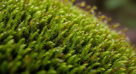 Close-up of Vibrant Green Moss Growing on Forest Floor with Dew Drops