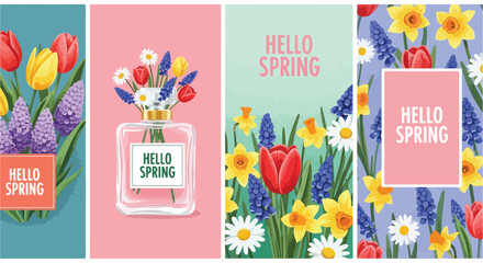 Hello Spring vertical banner set with colorful floral arrangements featuring tulips, daffodils, hyacinths, and daisies on vibrant backgrounds, perfect for seasonal promotions and greeting cards. © 爱心