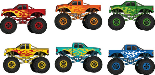 Webmonster truck collection, colorful off road vehicle set, cartoon pickup illustration, big tire transport, isolated vector bundle © Mst