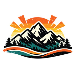 Vintage Retro Mountain Landscape Graphic with Sunset and Forest