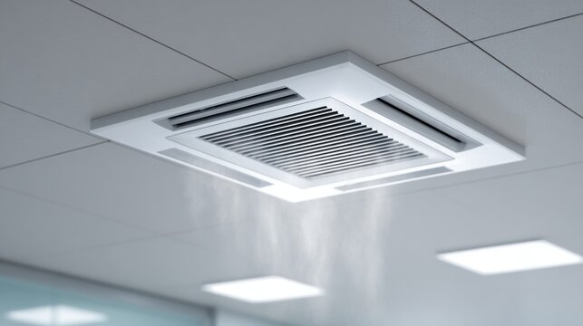 A modern ceiling-mounted air conditioning unit blowing cool air into the room