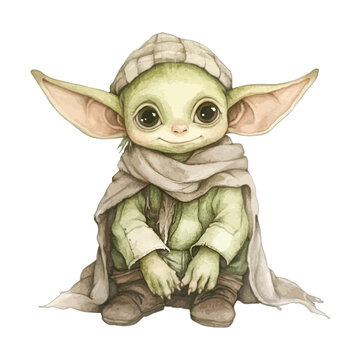 Cute watercolor green alien baby character in winter hat and scarf