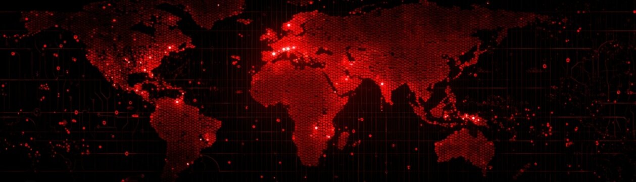 World war map, a digital red world map with glowing dots and grid lines, symbolizing connectivity and data flow across continents, the US - Iran War Effects