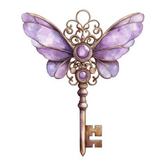 Fototapeta premium Watercolor purple butterfly magic key with antique gold details