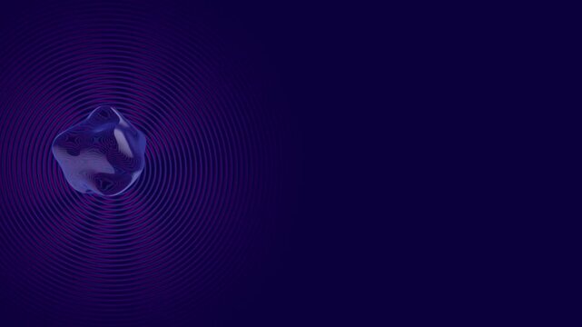 Fluid translucent object positioned on the left side with expanding concentric ripple waves across a dark violet background offering ample copyspace for corporate messaging