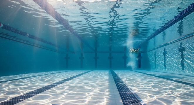 Crystal clear turquoise water in a luxury swimming pool with bright sunlight reflections creating shimmering patterns on the deep blue tile floor viewed from a serene underwater perspective.
