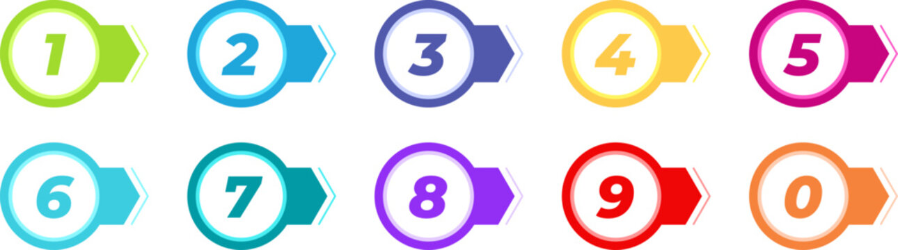 Colorful number infographic bullet point set with number from 0 to 9.