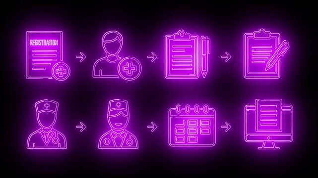 Neon-lit icons depicting a workflow process on a black background with purple glowing outlines.