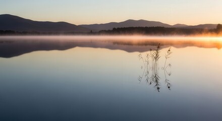 Fototapeta premium Serene Morning Landscape of Calm Lake with Mist and Distant Mountains