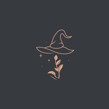 Elegant witch hat and floral illustration with mystical celestial elements