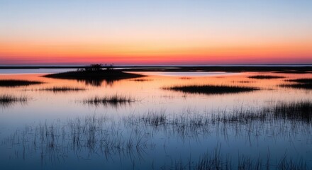 Obraz premium Serene Sunrise Over Wetland with Calm Water and Vibrant Sky