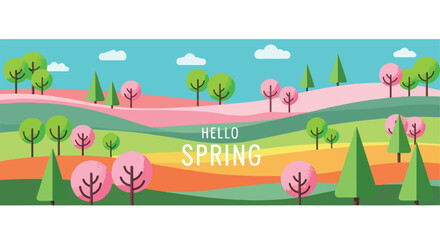 Hello Spring vector illustration with colorful rolling hills, green trees, and pink blossoming trees under a blue sky with clouds, ideal for seasonal banners and backgrounds.