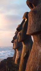 Ancient Moai Statues Gaze Across Rapa Nui Cliffs Bathed in Golden Sunset Light