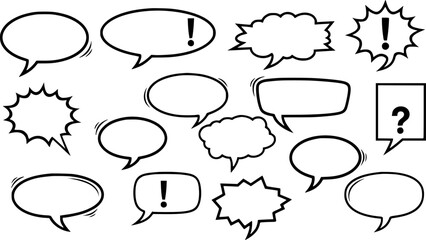 Diverse Black Outline Speech Bubbles and Thought Clouds with Punctuation White Background