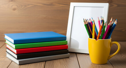 Fototapeta premium Artistic Workspace Arrangement Featuring Neat Stack of Paper Notebooks Beside Vibrant Yellow Ceramic Mug Filled with Assorted Colored Pencils and Empty White Picture Frame on Rustic Wooden Desk