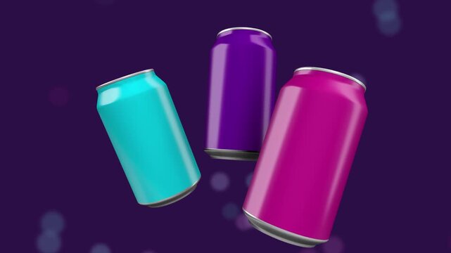 Three blank soda cans in cyan purple and magenta floating against a dark purple background with soft bokeh lights for drink branding and beverage marketing