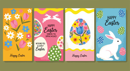 Set of 4 Happy Easter vertical greeting cards with colorful floral designs, decorated eggs, and cute bunnies, perfect for spring holiday celebrations and social media posts © 爱心