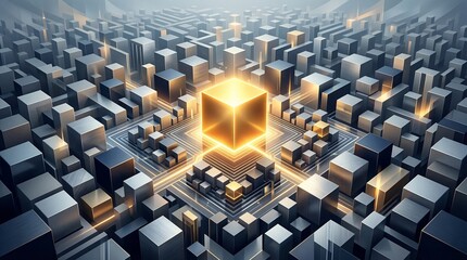Obraz premium Futuristic Cityscape with Glowing Central Cube, Digital Network, Abstract Architecture
