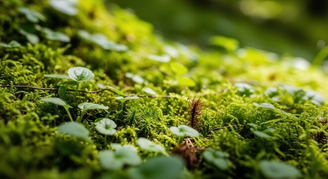 Close-up of Vibrant Green Moss and Small Plants in Nature Scene