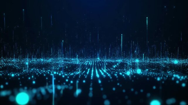 暗いデジタル空間から幻想的に上昇し浮遊する青く光る粒子