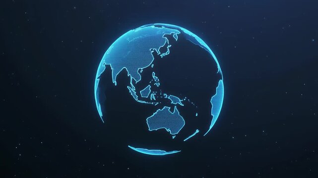 暗い宇宙空間で青く輝きながらゆっくりと自転する地球のデジタルホログラム
