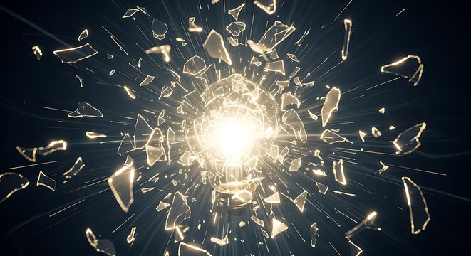 Radiant shattered electric lightbulb exploding into brilliant glass shards and luminous fragments against an atmospheric dark backdrop illustrating creative inspiration or sudden conceptual failure