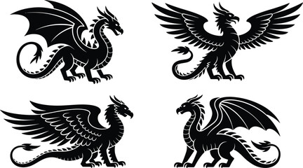 Obraz premium Dragon silhouette fantasy creature set, winged mythical beasts vector illustration, medieval heraldic monsters collection isolated black design elements